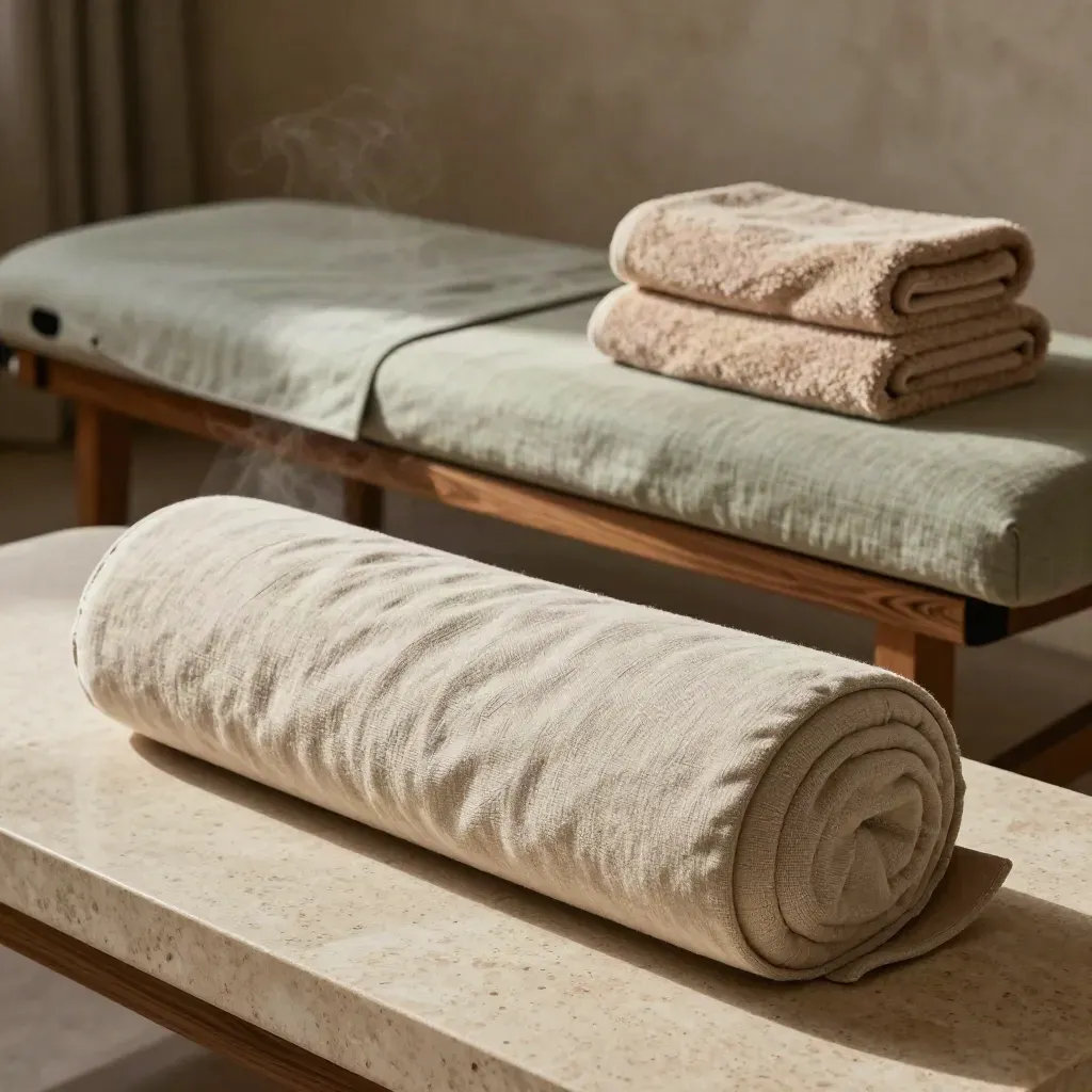 Bolster, opgerolde mat en warme handdoeken naast een massagetafel met zachte stoom.