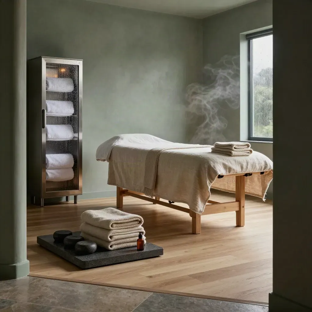 Luxe wellnessstudio met massagebed, handdoekkast, basaltstenen en stoom in zacht donker licht.