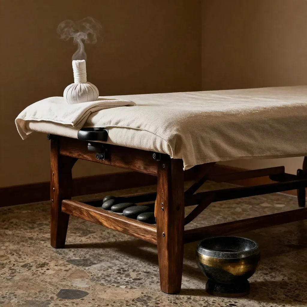 Diepe spiermassage in een warme wellnessruimte met bolster, kompres en basaltstenen.