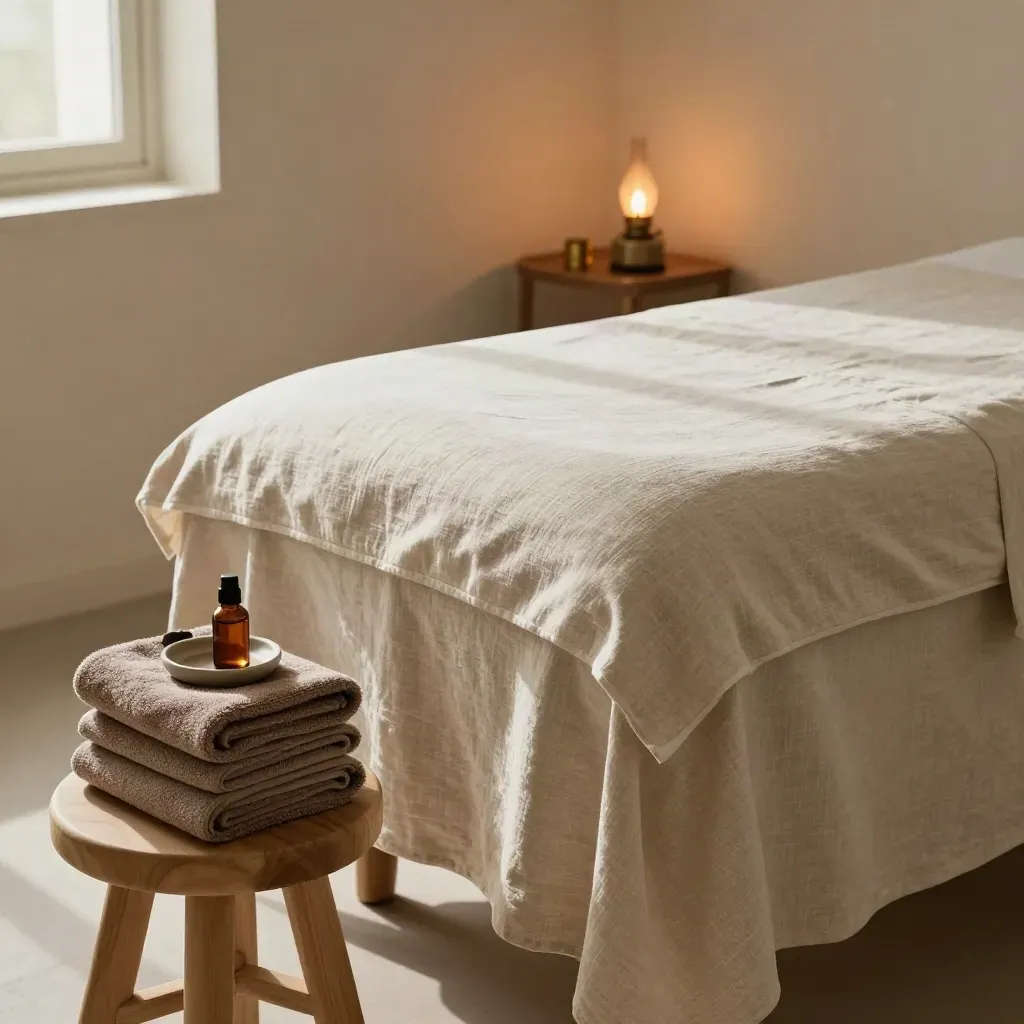 Rustige behandelkamer met linnen massagetafel, opgevouwen plaid en warme handdoekstapel in ochtendlicht.