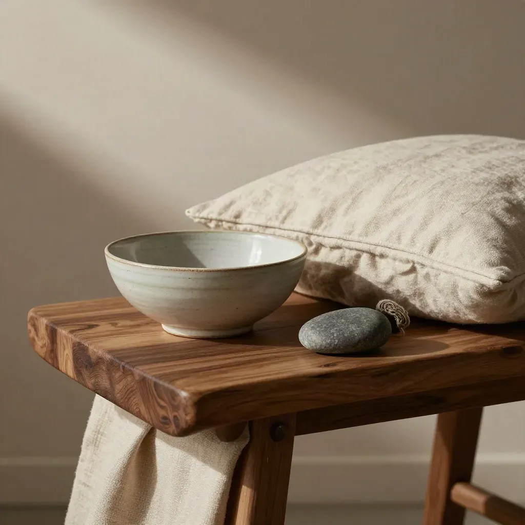 Keramische ademkom, linnen kussen en worry stone op een lage kruk in zacht daglicht.