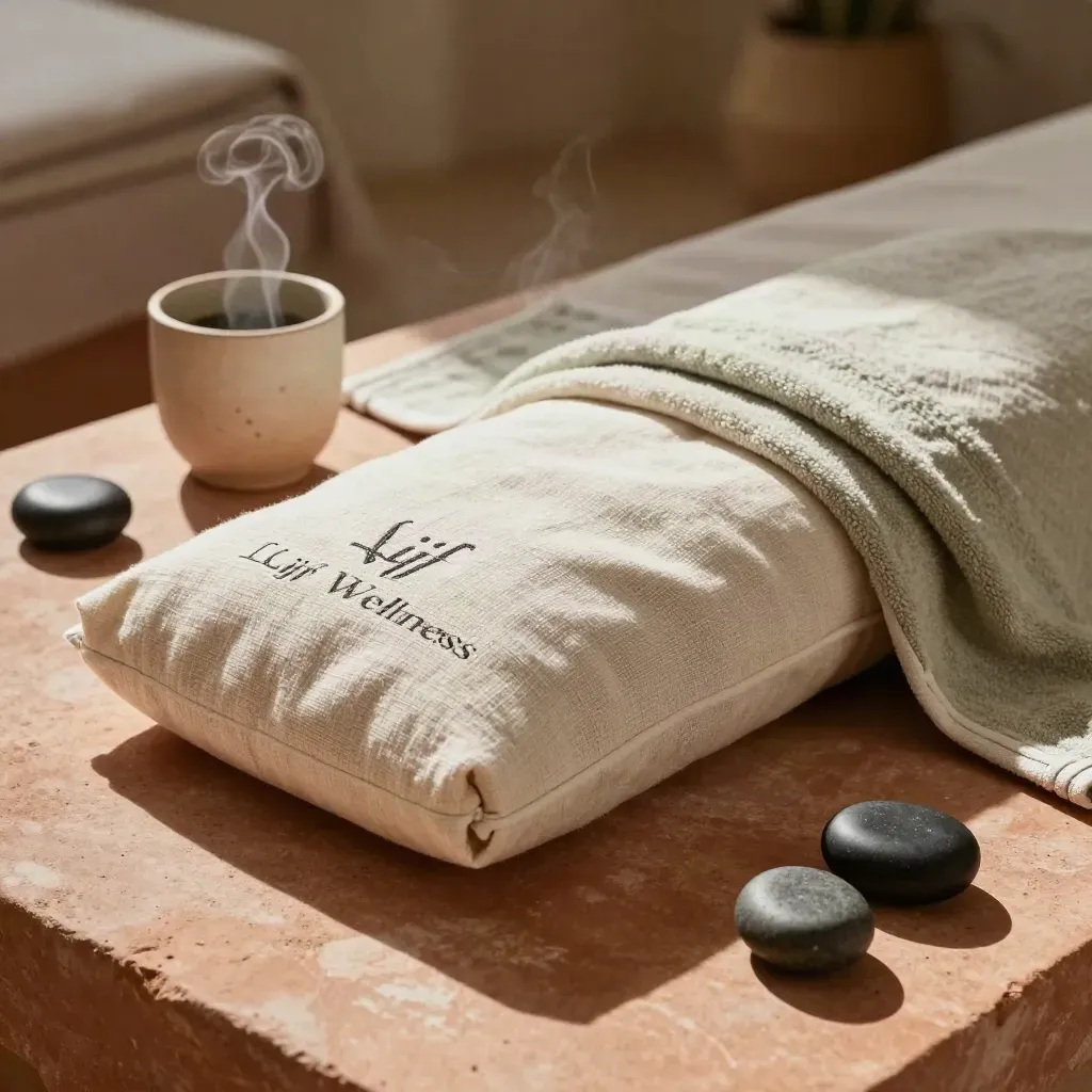 Heated pads, linnen en mok op een stenen tafel in een warme wellnesssetting.