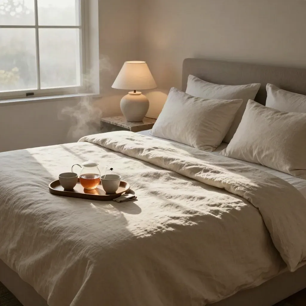 Rustige slaapkamer bij zonsopkomst met strak linnengoed, lamp en theedienblad.