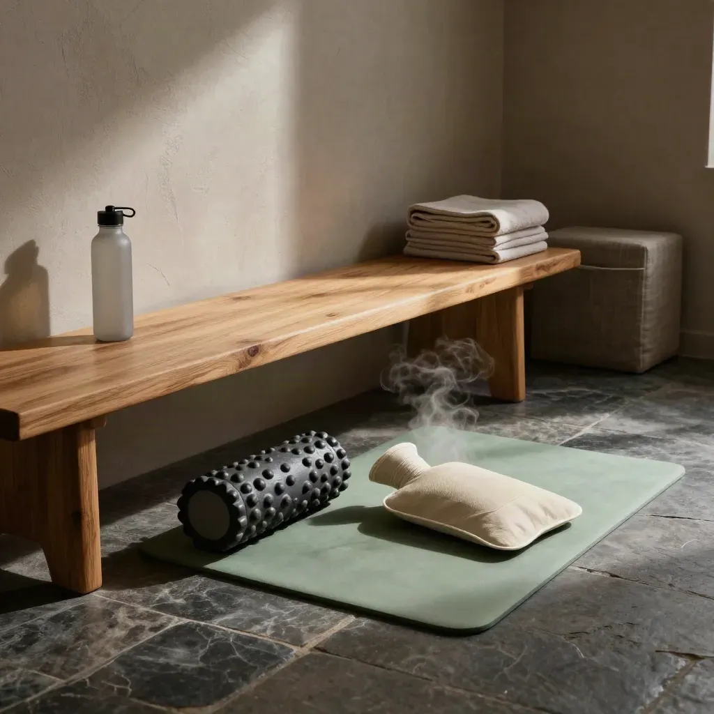 Sportherstelhoek met foamroller, warmtekussen, mat en waterfles op een bank in sage en zandtinten.