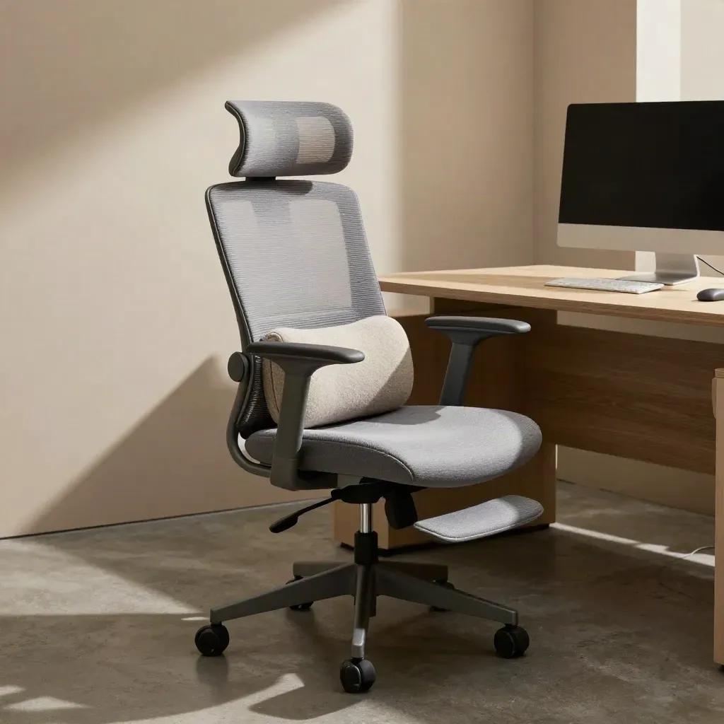 Lege kantoorhoek met ergonomische stoel, nekkussen en schuin weggezette monitor.