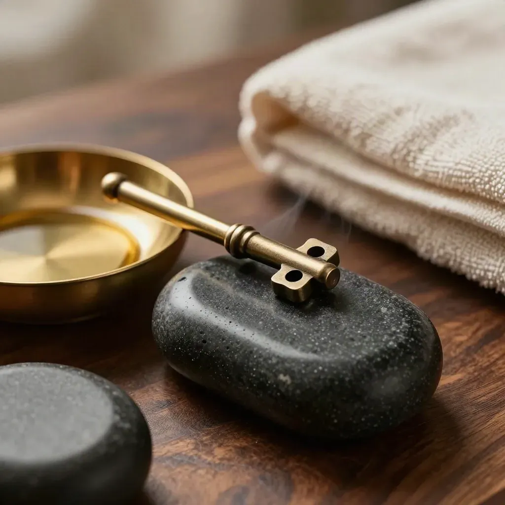 Basaltstenen, een koperen olieschaal en handdoekring op donker hout in een spa-setting