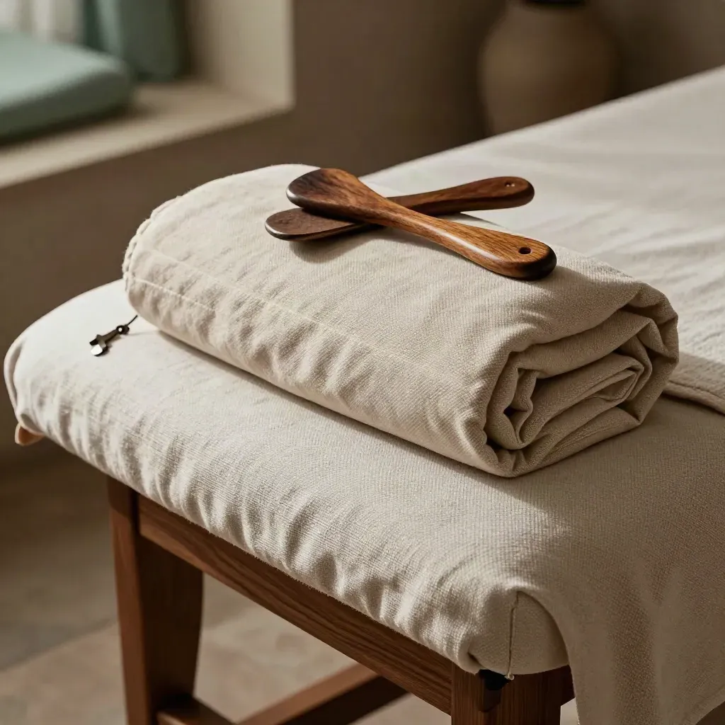 Massagebed met linnen, bolster en houten gua sha-tools in dramatisch licht