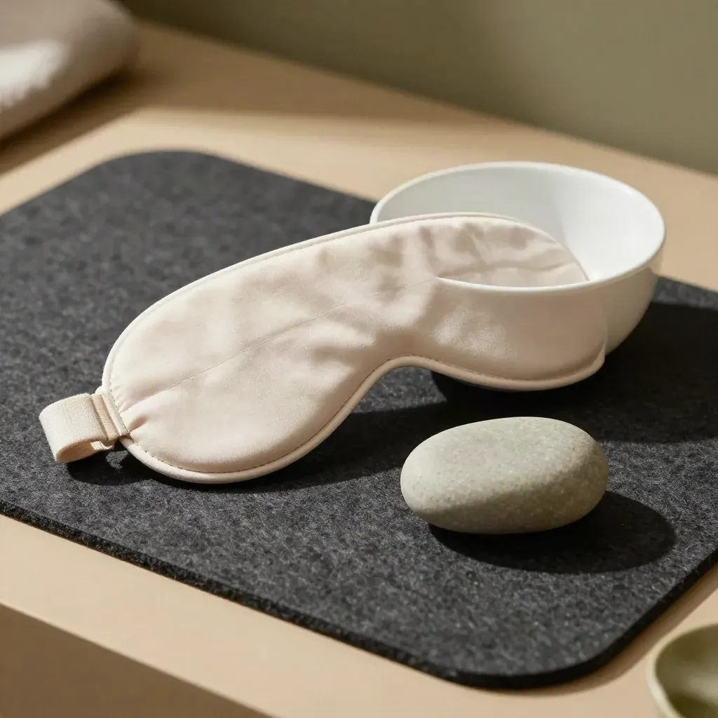 Op vilten mat liggen een oogmasker, ademkom en worry stone in rustige wellnessstijl.