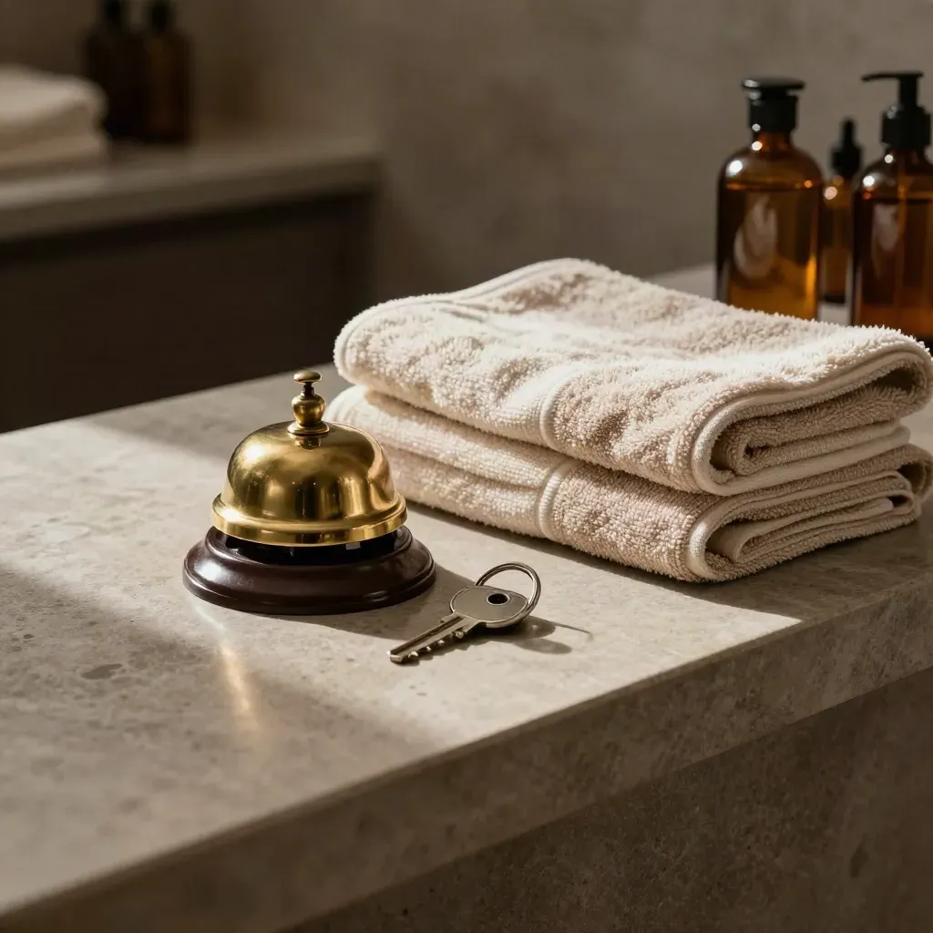 Receptiebel, opgevouwen handdoeken, sleutelhanger en amberflessen op een stenen balie.