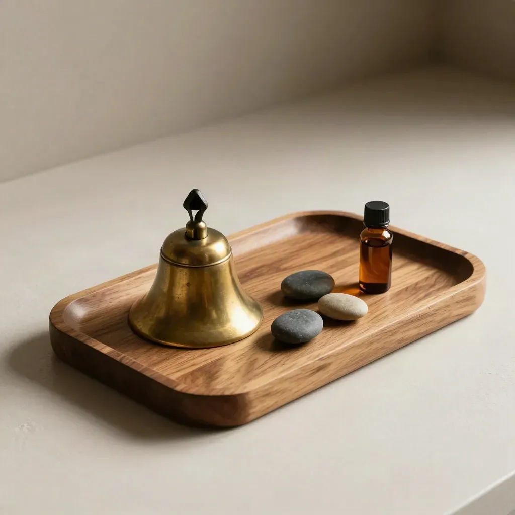 Brass bel, drie pebble markers en een amber vial op een eiken tray in rustige wellnesssetting.