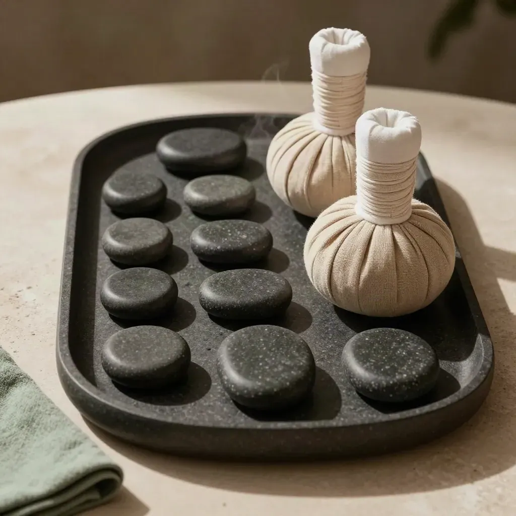 Massage stenen, bolster en warm kompres op een stenen tray met zachte stoom.