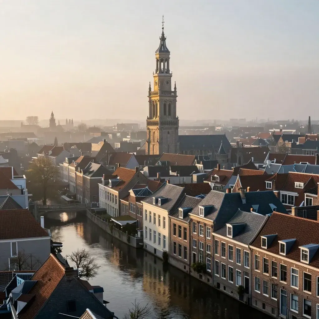 Utrechtse Domtoren boven mistige grachten en daken bij zonsopkomst