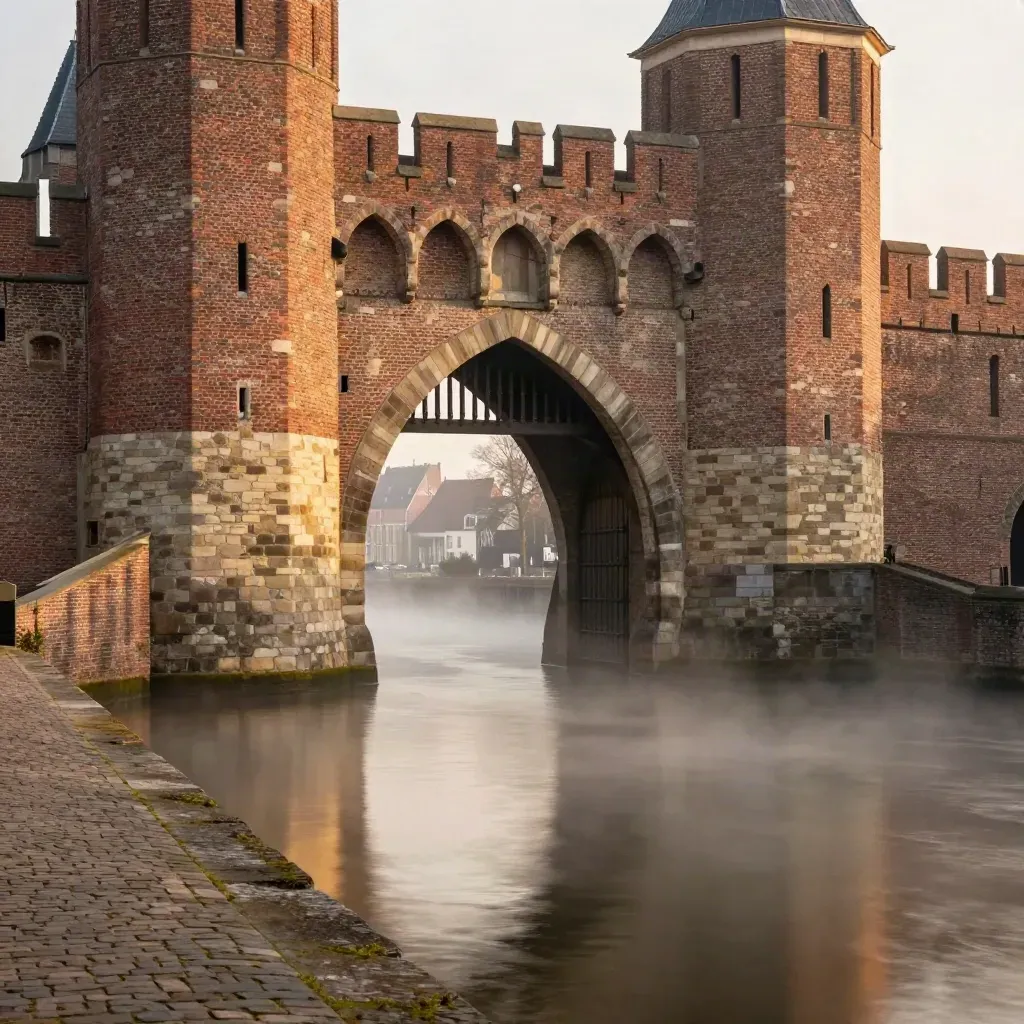 Koppelpoort in gouden ochtendlucht boven mistig water en rustige rivierkade