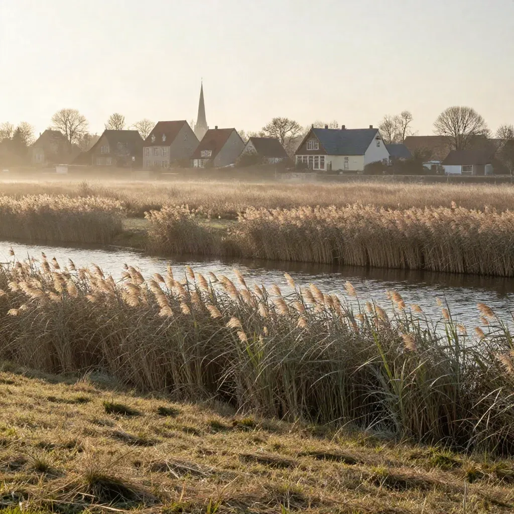 Nevelig Vechtlandschap met riet, water, herenhuisdaken en een kerktoren in zacht ochtendlicht.
