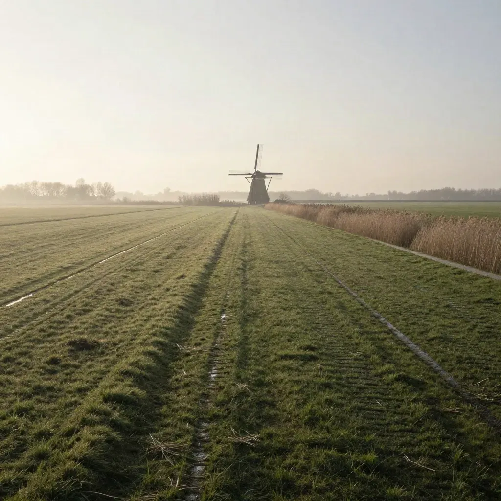Groene polder bij zonsopkomst met een verre molen en slootlijn in zachte mist.